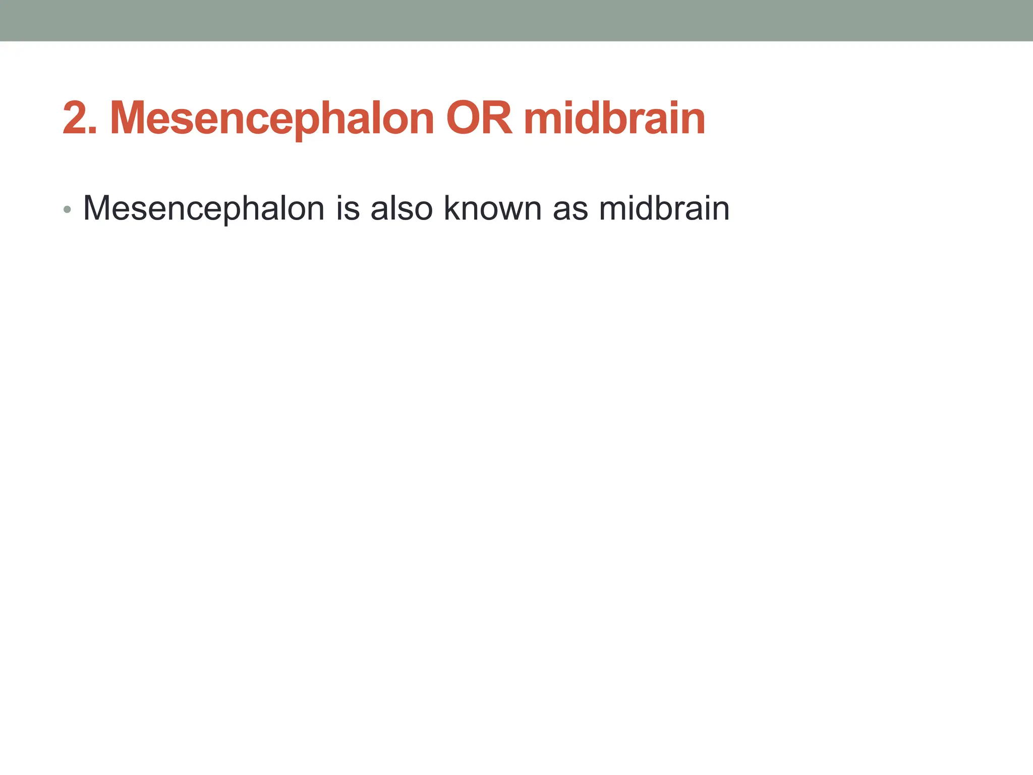 2. Mesencephalon OR midbrain
• Mesencephalon is also known as midbrain
 