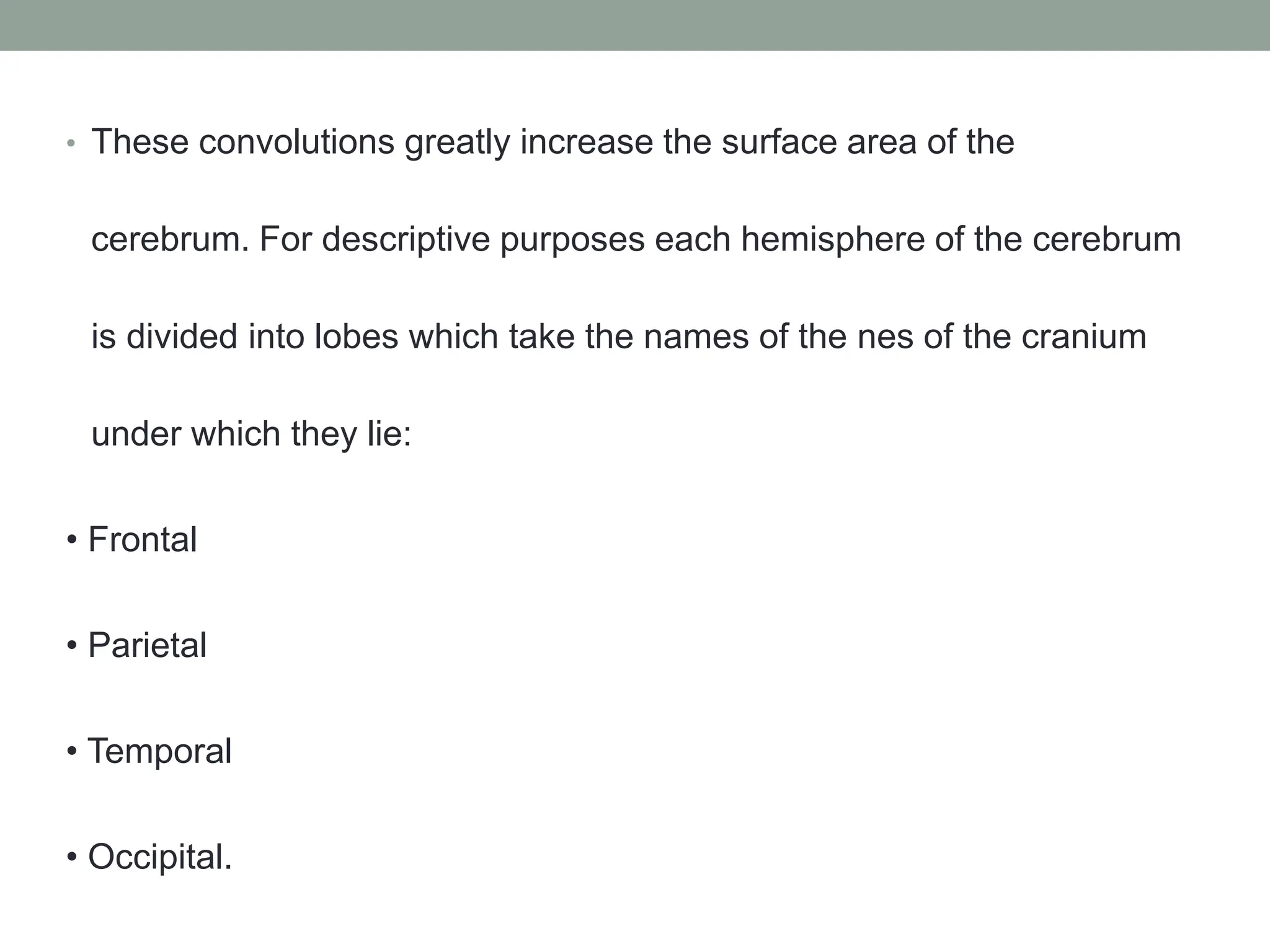 • These convolutions greatly increase the surface area of the
cerebrum. For descriptive purposes each hemisphere of the cerebrum
is divided into lobes which take the names of the nes of the cranium
under which they lie:
• Frontal
• Parietal
• Temporal
• Occipital.
 