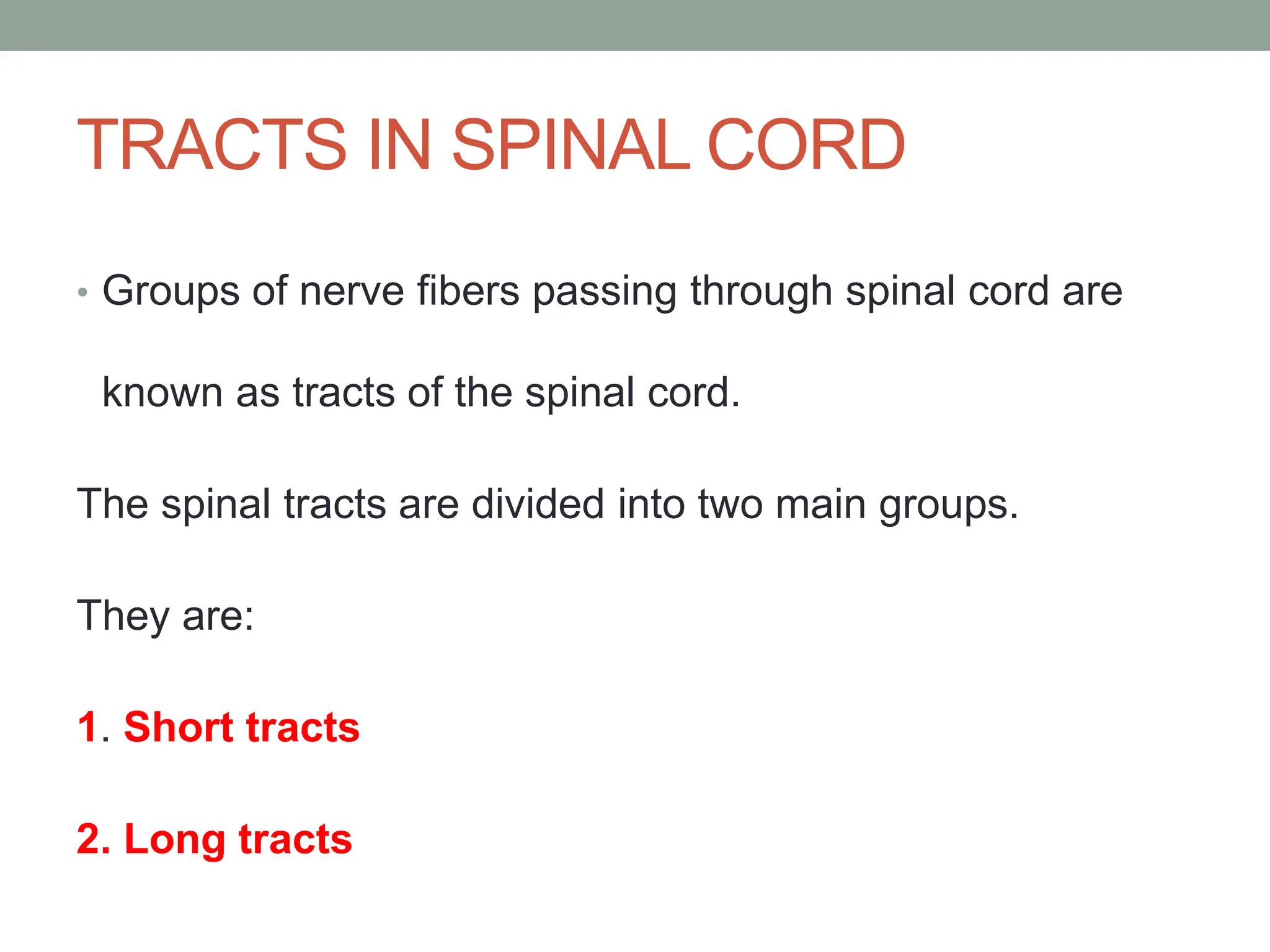 TRACTS IN SPINAL CORD
• Groups of nerve fibers passing through spinal cord are
known as tracts of the spinal cord.
The spinal tracts are divided into two main groups.
They are:
1. Short tracts
2. Long tracts
 