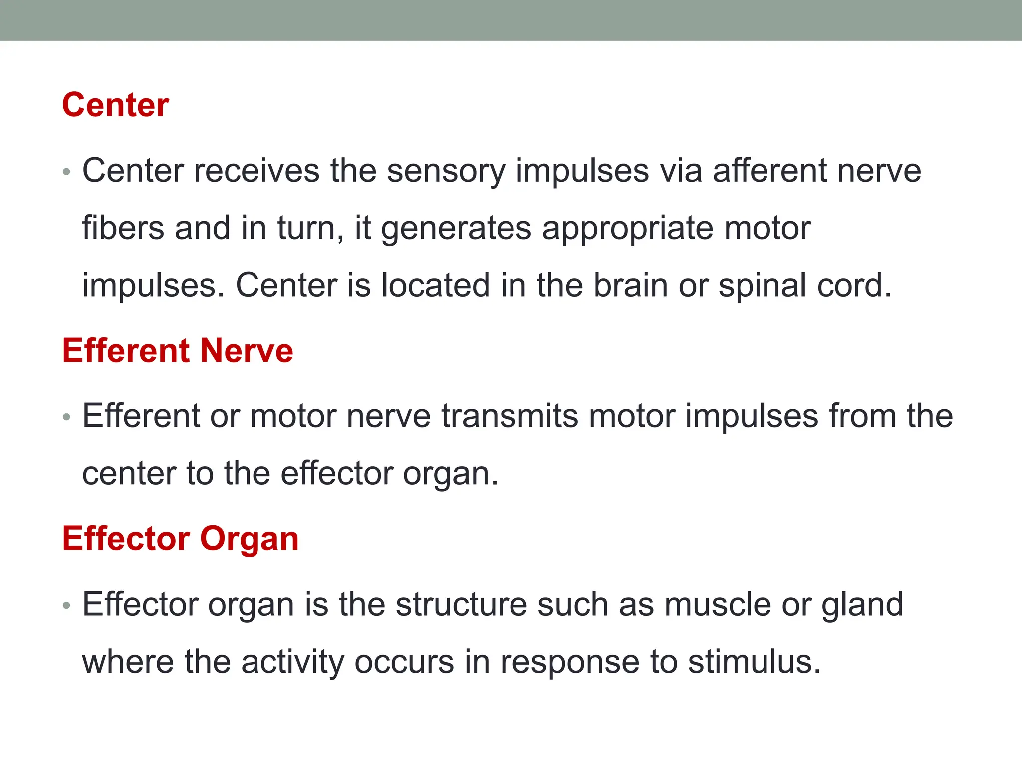 Center
• Center receives the sensory impulses via afferent nerve
fibers and in turn, it generates appropriate motor
impulses. Center is located in the brain or spinal cord.
Efferent Nerve
• Efferent or motor nerve transmits motor impulses from the
center to the effector organ.
Effector Organ
• Effector organ is the structure such as muscle or gland
where the activity occurs in response to stimulus.
 