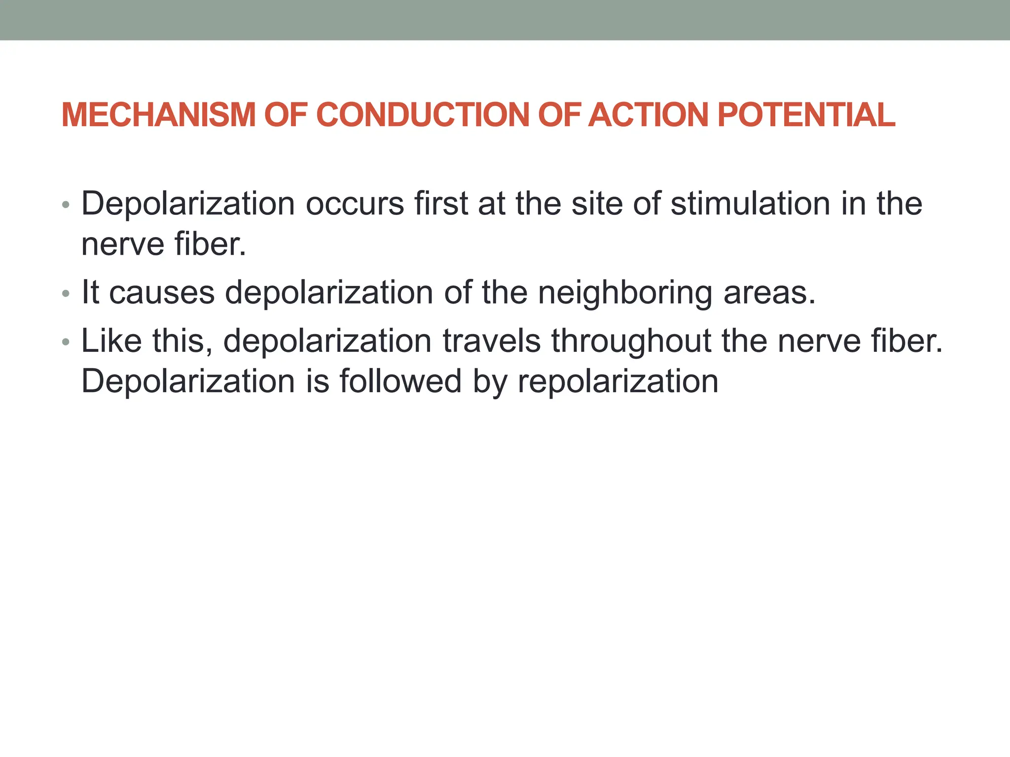 MECHANISM OF CONDUCTION OFACTION POTENTIAL
• Depolarization occurs first at the site of stimulation in the
nerve fiber.
• It causes depolarization of the neighboring areas.
• Like this, depolarization travels throughout the nerve fiber.
Depolarization is followed by repolarization
 