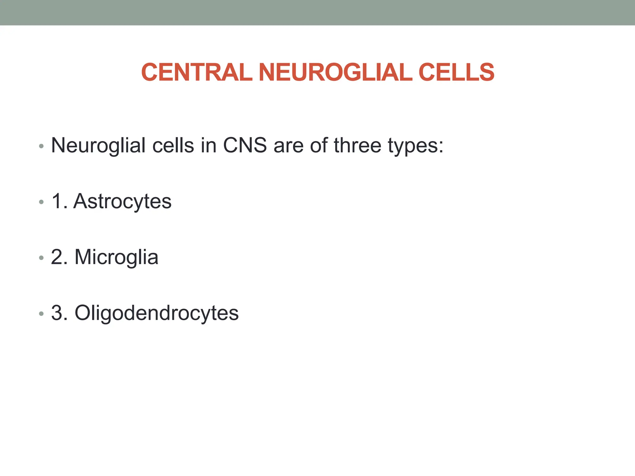 CENTRAL NEUROGLIAL CELLS
• Neuroglial cells in CNS are of three types:
• 1. Astrocytes
• 2. Microglia
• 3. Oligodendrocytes
 