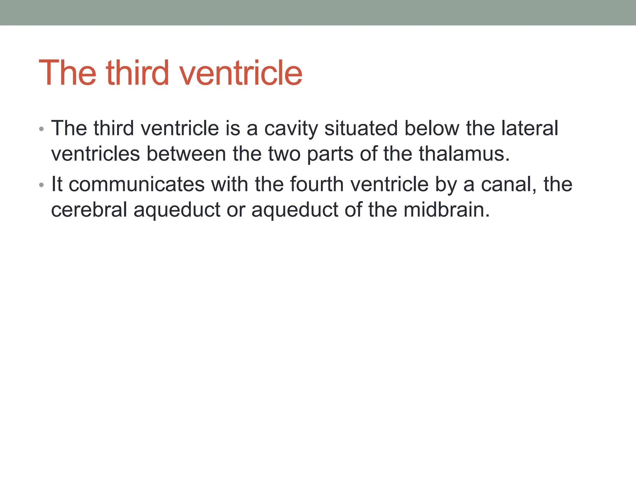 The third ventricle
• The third ventricle is a cavity situated below the lateral
ventricles between the two parts of the thalamus.
• It communicates with the fourth ventricle by a canal, the
cerebral aqueduct or aqueduct of the midbrain.
 