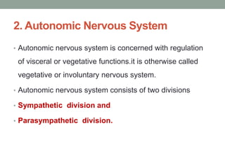 2. Autonomic Nervous System
• Autonomic nervous system is concerned with regulation
of visceral or vegetative functions.it is otherwise called
vegetative or involuntary nervous system.
• Autonomic nervous system consists of two divisions
• Sympathetic division and
• Parasympathetic division.
 