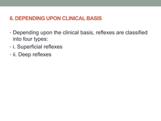 6. DEPENDING UPON CLINICAL BASIS
• Depending upon the clinical basis, reflexes are classified
into four types:
• i. Superficial reflexes
• ii. Deep reflexes
 