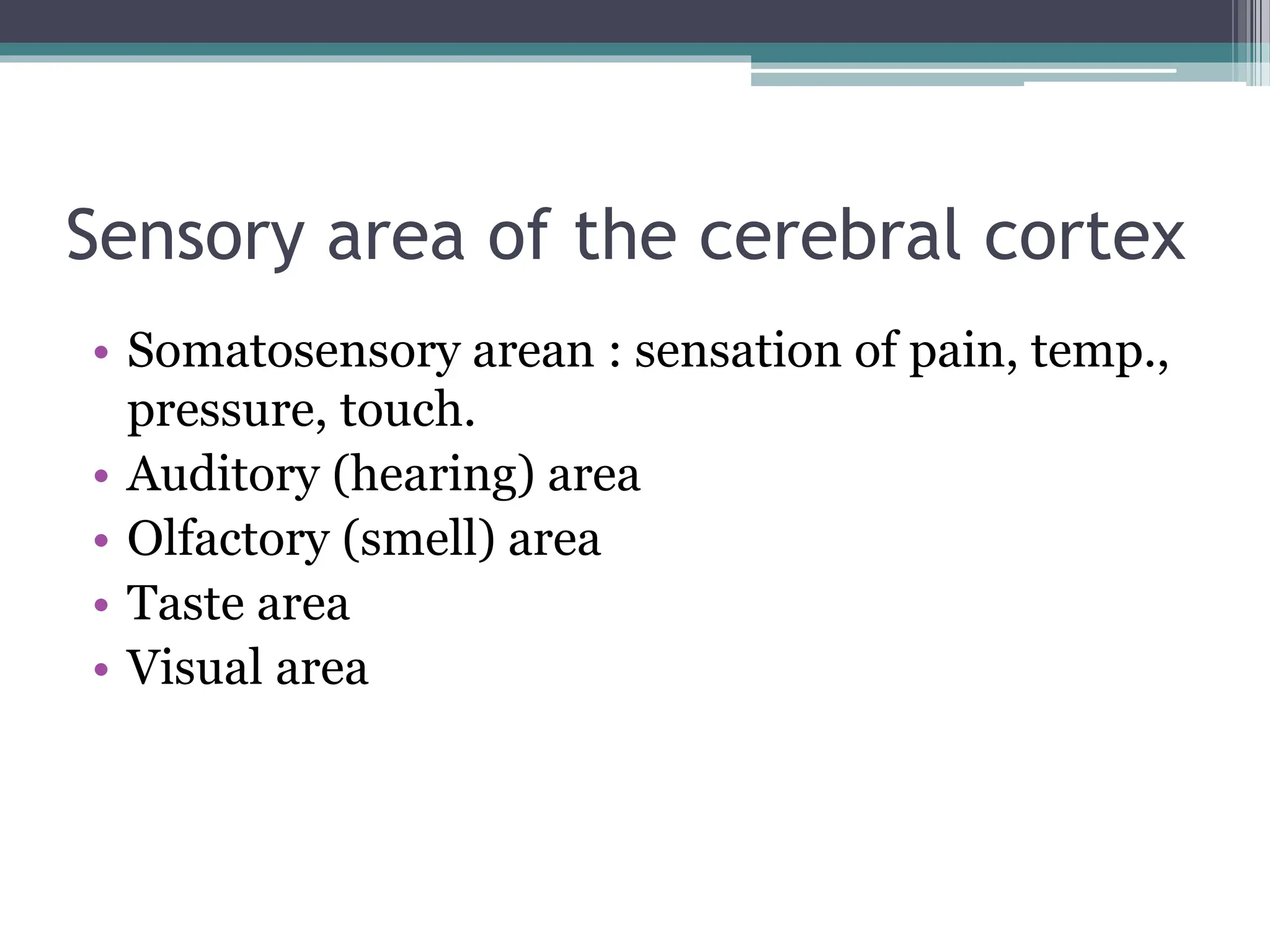 Sensory area of the cerebral cortex
• Somatosensory arean : sensation of pain, temp.,
pressure, touch.
• Auditory (hearing) area
• Olfactory (smell) area
• Taste area
• Visual area
 