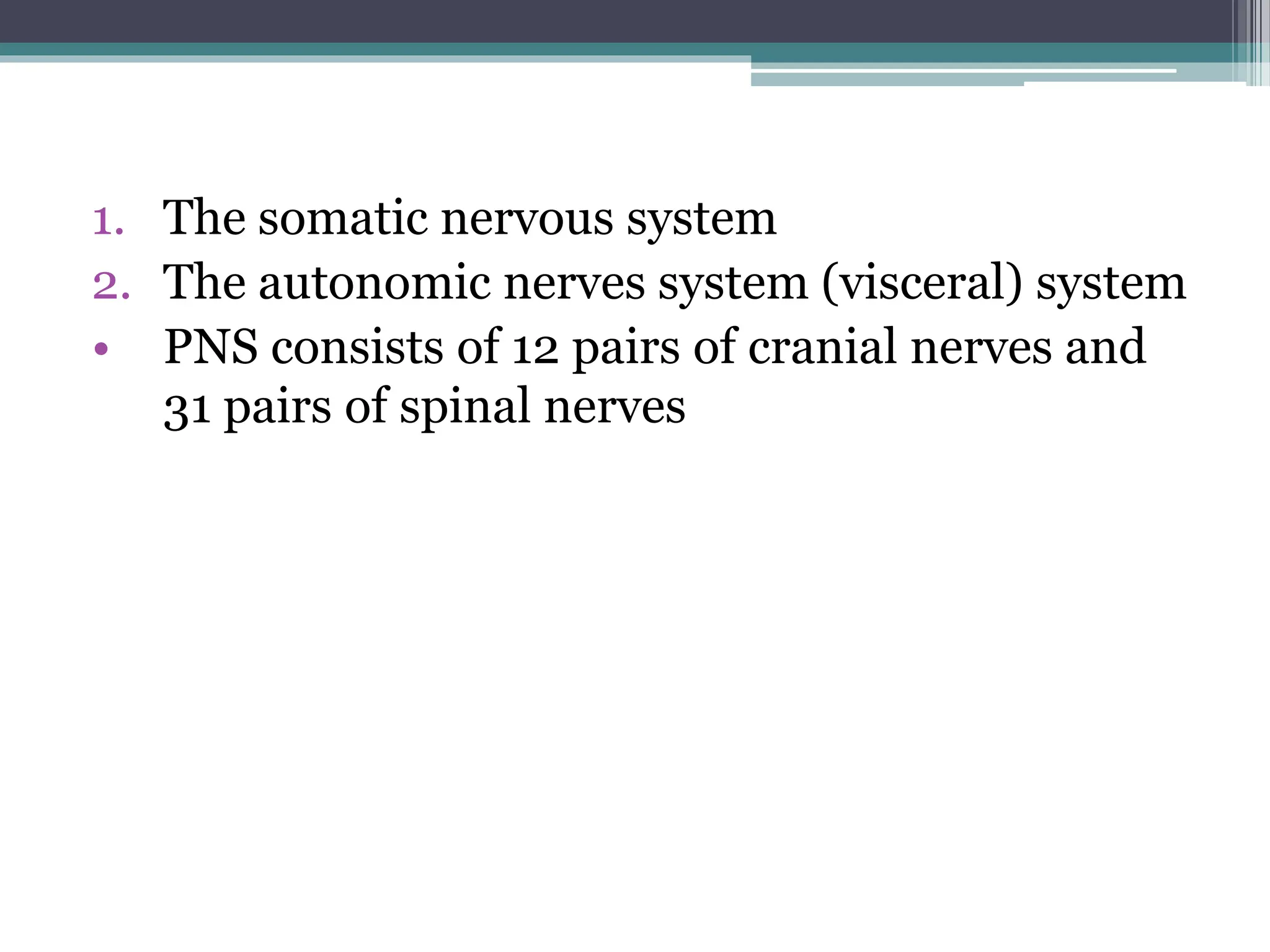 1. The somatic nervous system
2. The autonomic nerves system (visceral) system
• PNS consists of 12 pairs of cranial nerves and
31 pairs of spinal nerves
 