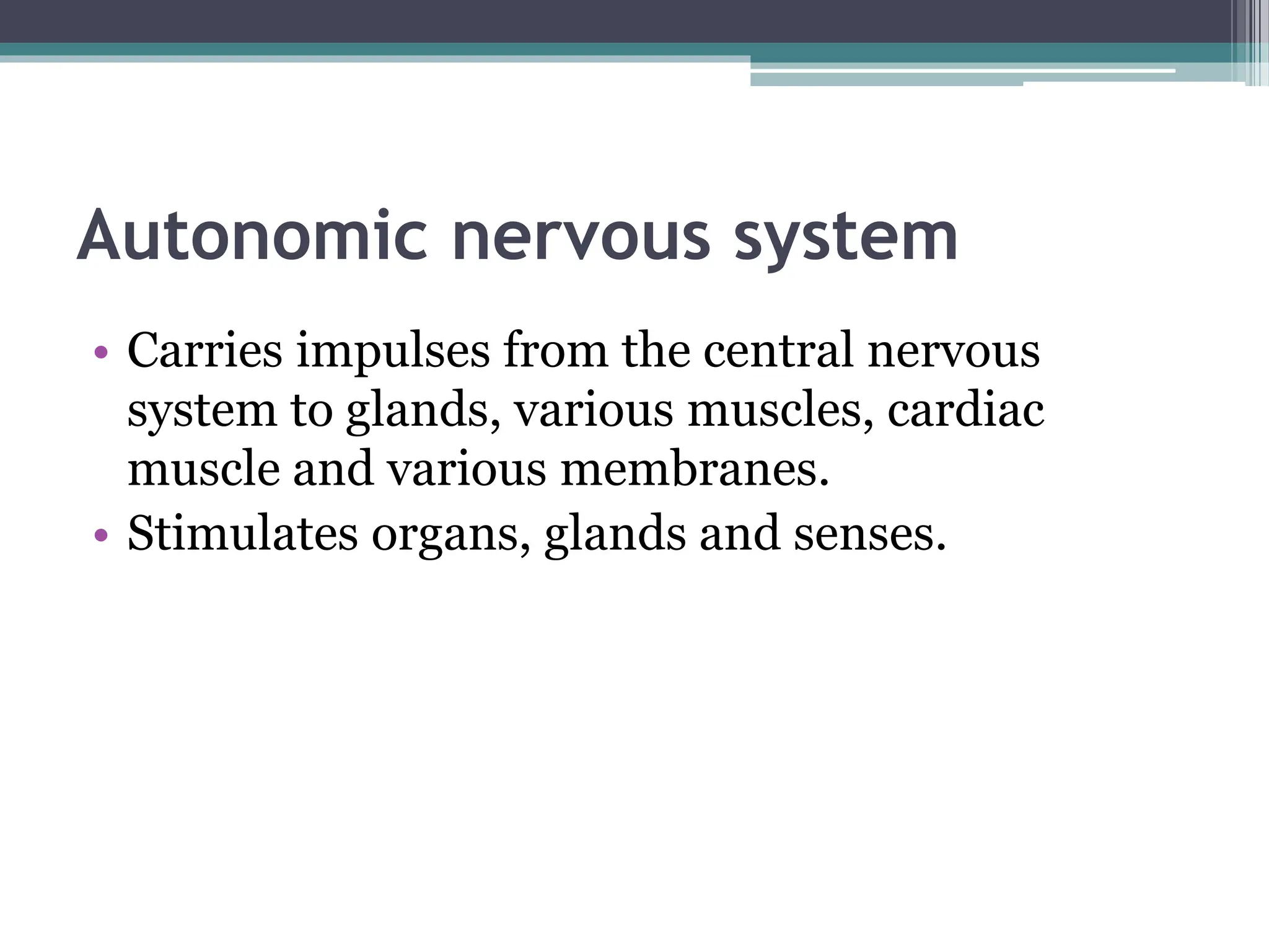 Autonomic nervous system
• Carries impulses from the central nervous
system to glands, various muscles, cardiac
muscle and various membranes.
• Stimulates organs, glands and senses.
 