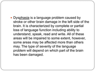  Dysphasia is a language problem caused by
 stroke or other brain damage in the left side of the
 brain. It is characterized by complete or partial
 loss of language function including ability to
 understand, speak, read and write. All of these
 areas will be impaired to some extent, however,
 some areas may be affected more than others
 may. The type of severity of the language
 problem will depend on which part of the brain
 has been damaged.
 