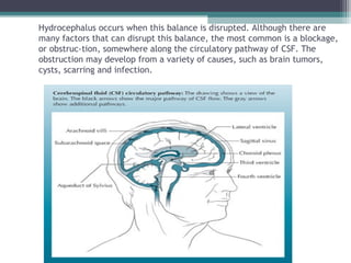 Hydrocephalus occurs when this balance is disrupted. Although there are
many factors that can disrupt this balance, the most common is a blockage,
or obstruc­tion, somewhere along the circulatory pathway of CSF. The
obstruction may develop from a variety of causes, such as brain tumors,
cysts, scarring and infection.
 