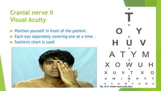 Cranial nerve II
Visual Acuity
 Position yourself in front of the patient.
 Each eye separately covering one at a time .
 Snellen's chart is used
 