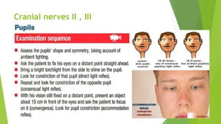 Cranial nerves II , III
Pupils: Reaction to Light
 Have the patient look at a distant object
 Look at size, shape and symmetry of
pupils.
 Shine a light into each eye and observe
constriction of pupil .
 Flash a light on one pupil and watch it
contract briskly .
 Flash the light again and watch the opposite
pupil constriction (consensual reflex)
 Repeat this procedure on the opposite eye.
 