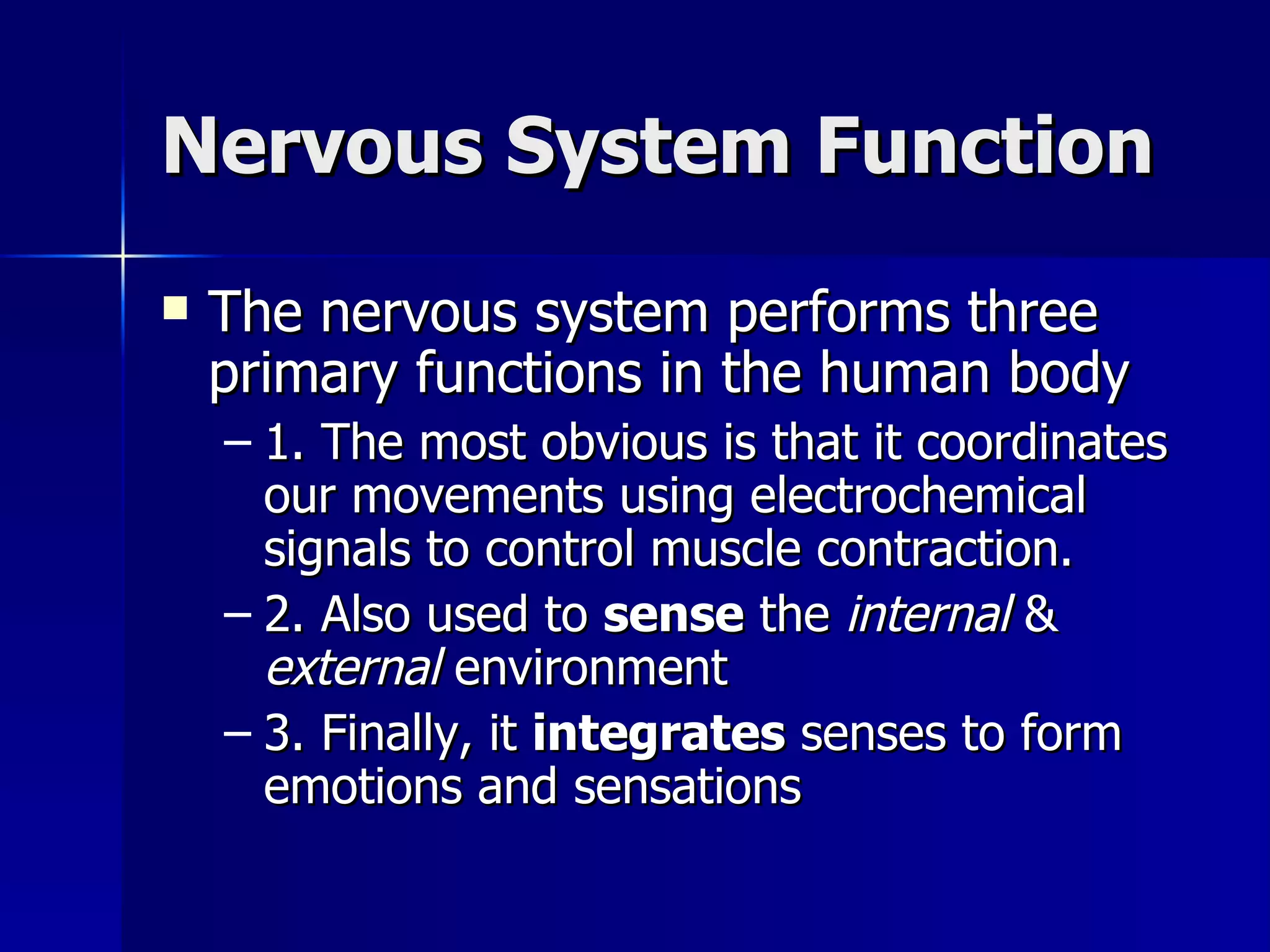 Nervous System Function The nervous system performs three primary functions in the human body 1. The most obvious is that it coordinates our movements using electrochemical signals to control muscle contraction. 2. Also used to  sense  the  internal  &  external  environment  3. Finally, it  integrates  senses to form emotions and sensations 