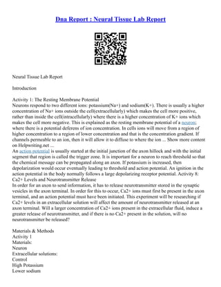 Dna Report : Neural Tissue Lab Report
Neural Tissue Lab Report
Introduction
Activity 1: The Resting Membrane Potential
Neurons respond to two different ions: potassium(Na+) and sodium(K+). There is usually a higher
concentration of Na+ ions outside the cell(extracellularly) which makes the cell more positive,
rather than inside the cell(intracellularly) where there is a higher concentration of K+ ions which
makes the cell more negative. This is explained as the resting membrane potential of a neuron;
where there is a potential deferens of ion concentration. In cells ions will move from a region of
higher concentration to a region of lower concentration and that is the concentration gradient. If
channels permeable to an ion, then it will allow it to diffuse to where the ion ... Show more content
on Helpwriting.net ...
An action potential is usually started at the initial junction of the axon hillock and with the initial
segment that region is called the trigger zone. It is important for a neuron to reach threshold so that
the chemical message can be propagated along an axon. If potassium is increased, then
depolarization would occur eventually leading to threshold and action potential. An ignition in the
action potential in the body normally follows a large depolarizing receptor potential. Activity 8:
Ca2+ Levels and Neurotransmitter Release
In order for an axon to send information, it has to release neurotransmitter stored in the synaptic
vesicles in the axon terminal. In order for this to occur, Ca2+ ions must first be present in the axon
terminal, and an action potential must have been initiated. This experiment will be researching if
Ca2+ levels in an extracellular solution will affect the amount of neurotransmitter released at an
axon terminal. Will a larger concentration of Ca2+ ions present in the extracellular fluid, induce a
greater release of neurotransmitter, and if there is no Ca2+ present in the solution, will no
neurotransmitter be released?
Materials & Methods
Activity 1
Materials:
Neuron
Extracellular solutions:
Control
High Potassium
Lower sodium
 
