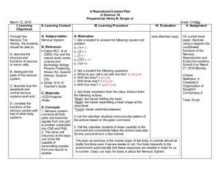 A Reproduced Lesson Plan
in Science 10
Prepared by: Henry B. Sergio Jr
March 12, 2016 Grade 10-Mglg
I. Learning
Objectives
II. Learning Content III. Learning Procedure IV. Evaluation V. Assignment
Through the
Nervous Trip
Activity, the students
should be able to:
A. describe the
structure and
functions of neurons
or nerve cells;
B. distinguish the
parts of the nervous
system;
C. illustrate how the
peripheral and
central nervous
systems work and;
D. correlate the
functions of the
nervous system with
that of other body
systems.
A. Subject matter:
Nervous System
B. Reference:
 Capco M.C. et al.
(2005) You and the
natural world series
science and
technology biology.
Phoenix Publishing
House, Inc. Quezon
Avenue, Quezon
City
 Grade 10 K-12
Teacher’s Guide
C. Materials:
-LCD Projector
-Ruler
D. Concepts:
1. Nervous system-
connects all body
parts and transmits
signals from one part
to another subdivided
into CNS and PNS.
2. The nerve cell
(neurons) is the basic
unit of the NS
capable of
transmitting impulse
from one neuron to
another.
A. Motivation
1. Ask a student to answer the following square root
problem:
a. √9 = 3
b. √4 = 2
𝑐. √1 = 1
𝑑.√121 = 11
e. √64 =8
2. Ask a student the following questions:
a. What do you call a car with one tire? = unicycle
b. With two tires? = bicycle
c. With three tires? = tricycle
d. With four tires? = quad cycle
3. Ask three volunteers from the class. Instruct them
the following actions.
*Brain- two hands holding the head
*Heart- the hands resembling a heart shape at the
chest level
*Touch- hands stretched sideward.
4. Let the volunteer students memorize the pattern of
the actions based on the given command.
5. Tell the volunteer students to listen carefully to the
command and consistently follow the actions executed.
Do this second time in a fast manner.
(see attached copy) On a short bond
paper, illustrate
using a diagram the
coordinated
functions of the
Nervous,
Reproductive and
Endocrine systems.
Submit it on March
21, 2016-Monday.
Criteria:
Neatness- 5
Creativity-5
Organization of
thought-5
Correctness-5
Total: 20 pts
The brain as we know is the master organ of the body. It controls almost all
bodily functions even if we are awake or not. Our body responds to the
environment automatically and these responses are needed in order for us
to survive. Class, our topic for today is about the Nervous System.
 
