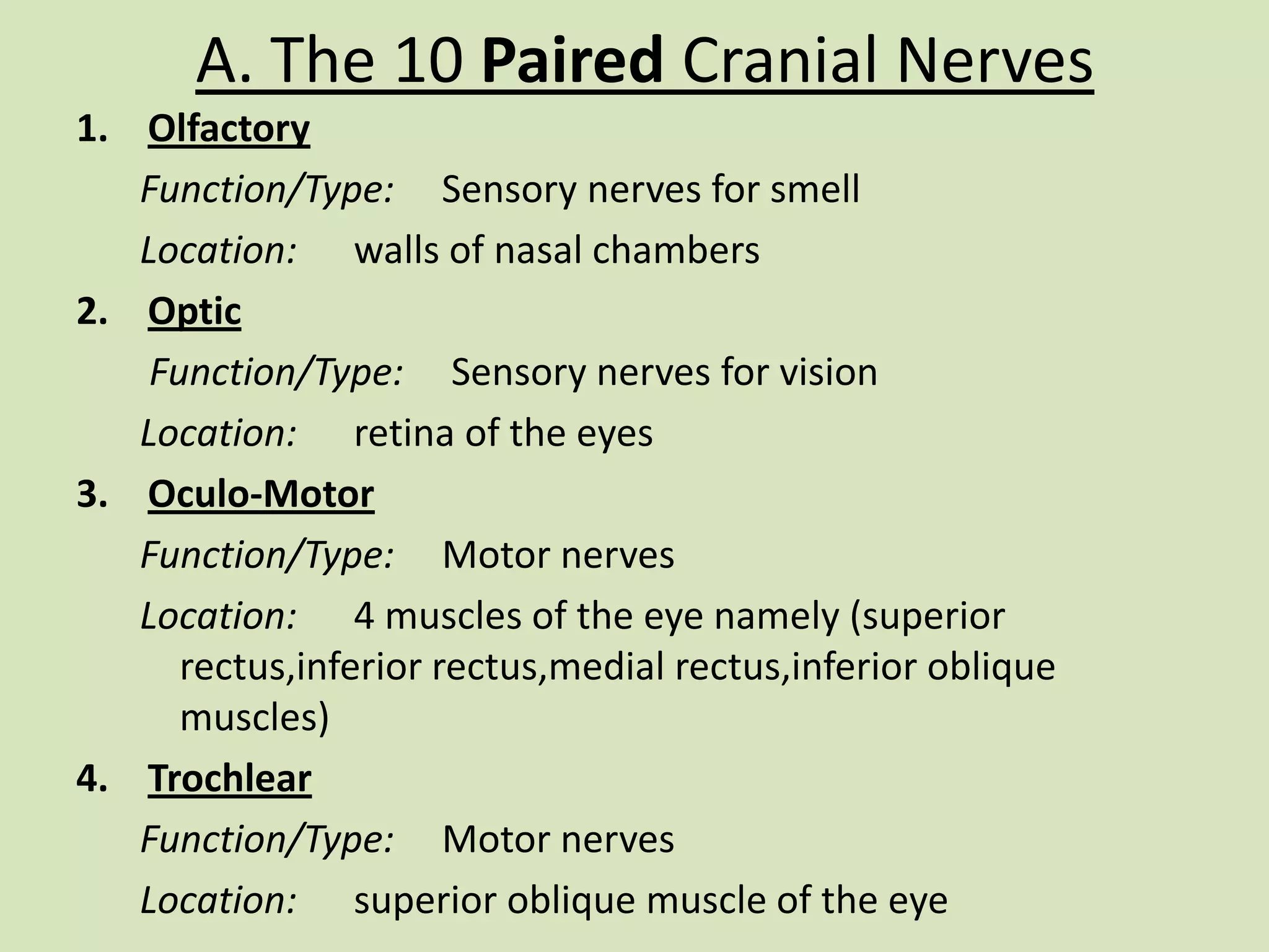 A. The 10 Paired Cranial Nerves Olfactory Function/Type:     Sensory nerves for smellLocation:      walls of nasal chambersOpticFunction/Type:     Sensory nerves for visionLocation:      retina of the eyesOculo-MotorFunction/Type:     Motor nervesLocation:      4 muscles of the eye namely (superior rectus,inferiorrectus,medialrectus,inferior oblique muscles)TrochlearFunction/Type:     Motor nervesLocation:      superior oblique muscle of the eye