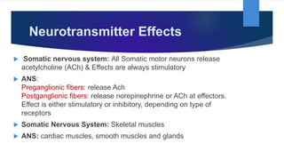 Neurotransmitter Effects
 Somatic nervous system: All Somatic motor neurons release
acetylcholine (ACh) & Effects are always stimulatory
 ANS:
Preganglionic fibers: release Ach
Postganglionic fibers: release norepinephrine or ACh at effectors.
Effect is either stimulatory or inhibitory, depending on type of
receptors
 Somatic Nervous System: Skeletal muscles
 ANS: cardiac muscles, smooth muscles and glands
 