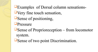 Examples of Dorsal column sensations-
Very fine touch sensation,
Sense of positioning,
Pressure
Sense of Proprioreception – from locomotor
system.
Sense of two point Discrimination.
 