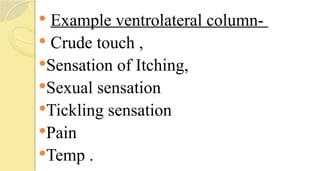  Example ventrolateral column-
 Crude touch ,
Sensation of Itching,
Sexual sensation
Tickling sensation
Pain
Temp .
 