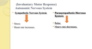 (Involuntary Motor Response)
Autonomic Nervous System
 Sympathetic Nervous System
 Stress
 Heart rate increases.
 Parasympathetic Nervous
System
 Relax
 Heart rate decreases.
 