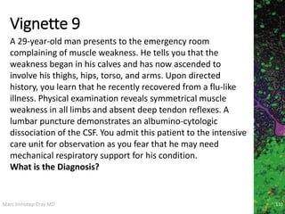 Marc Imhotep Cray MD
Vignette 9
110
A 29-year-old man presents to the emergency room
complaining of muscle weakness. He tells you that the
weakness began in his calves and has now ascended to
involve his thighs, hips, torso, and arms. Upon directed
history, you learn that he recently recovered from a flu-like
illness. Physical examination reveals symmetrical muscle
weakness in all limbs and absent deep tendon reflexes. A
lumbar puncture demonstrates an albumino-cytologic
dissociation of the CSF. You admit this patient to the intensive
care unit for observation as you fear that he may need
mechanical respiratory support for his condition.
What is the Diagnosis?
 