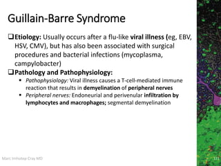 Marc Imhotep Cray MD
Guillain-Barre Syndrome
111
Etiology: Usually occurs after a flu-like viral illness (eg, EBV,
HSV, CMV), but has also been associated with surgical
procedures and bacterial infections (mycoplasma,
campylobacter)
Pathology and Pathophysiology:
 Pathophysiology: Viral illness causes a T-cell-mediated immune
reaction that results in demyelination of peripheral nerves
 Peripheral nerves: Endoneurial and perivenular infiltration by
lymphocytes and macrophages; segmental demyelination
 