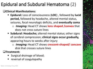 Marc Imhotep Cray MD
Epidural and Subdural Hematoma (2)
149
Clinical Manifestations:
 Epidural: Loss of consciousness (LOC) , followed by lucid
period, followed by headache, altered mental status,
seizures, focal neurologic deficits, and eventually coma
o Imaging: Head CT shows lens shaped /convex that
does not cross suture lines
 Subdural: Headache; altered mental status; other signs
of cerebral compression; clinical signs occur gradually,
appearing hours to weeks after injury
o Imaging: Head CT shows crescent-shaped/ concave
disk that crosses suture lines
Treatment:
 Surgical drainage of blood;
 reversal of coagulopathy
 