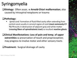 Marc Imhotep Cray MD
Syringomyelia
166
Etiology: Often assoc. w Arnold-Chiari malformation; also
caused by intraspinal neoplasms or trauma
Pathology:
 Spinal cord: Formation of fluid-filled cavity often extending from
central canal usually in cervical region of cord (most commonly C7-
T1)results in destruction of adjacent gray and white matter
(crossing fibers of spinothalamic tract) w resultant reactive gliosis
Clinical Manifestations: Loss of pain and temp. of upper
extremities w preservation of touch and proprioception;
may progress to involve motor and other sensory tracts
Treatment: Surgical drainage of cavity
 