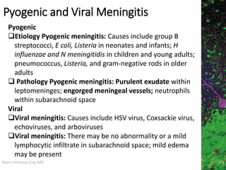 Marc Imhotep Cray MD
Pyogenic and Viral Meningitis
Pyogenic
Etiology Pyogenic meningitis: Causes include group B
streptococci, E coli, Listeria in neonates and infants; H
influenzae and N meningitidis in children and young adults;
pneumococcus, Listeria, and gram-negative rods in older
adults
 Pathology Pyogenic meningitis: Purulent exudate within
leptomeninges; engorged meningeal vessels; neutrophils
within subarachnoid space
Viral
Viral meningitis: Causes include HSV virus, Coxsackie virus,
echoviruses, and arboviruses
Viral meningitis: There may be no abnormality or a mild
lymphocytic infiltrate in subarachnoid space; mild edema
may be present
173
 