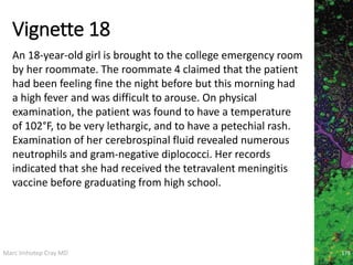 Marc Imhotep Cray MD
Vignette 18
An 18-year-old girl is brought to the college emergency room
by her roommate. The roommate 4 claimed that the patient
had been feeling fine the night before but this morning had
a high fever and was difficult to arouse. On physical
examination, the patient was found to have a temperature
of 102°F, to be very lethargic, and to have a petechial rash.
Examination of her cerebrospinal fluid revealed numerous
neutrophils and gram-negative diplococci. Her records
indicated that she had received the tetravalent meningitis
vaccine before graduating from high school.
178
 
