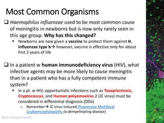 Marc Imhotep Cray MD
Most Common Organisms
186
 Haemophilus influenzae used to be most common cause
of meningitis in newborns but is now only rarely seen in
this age group. Why has this changed?
 Newborns are now given a vaccine to protect them against H.
influenzae type b however, vaccine is effective only for about
first 2 years of life
 In a patient w human immunodeficiency virus (HIV), what
infective agents may be more likely to cause meningitis
than in a patient who has a fully competent immune
system?
 In a pt. w HIV, opportunistic infections such as Toxoplasmosis,
Cryptococcus, and Human polyomavirus 2 (JC virus) must be
considered in differential diagnosis (DDx)
o Remember JC virus-induced Progressive Multifocal
Leukoencephalopathy (a demyelinating disease)
 