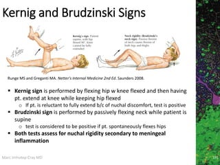 Marc Imhotep Cray MD
Kernig and Brudzinski Signs
Runge MS and Greganti MA. Netter's Internal Medicine 2nd Ed. Saunders 2008.
191
 Kernig sign is performed by flexing hip w knee flexed and then having
pt. extend at knee while keeping hip flexed
o If pt. is reluctant to fully extend b/c of nuchal discomfort, test is positive
 Brudzinski sign is performed by passively flexing neck while patient is
supine
o test is considered to be positive if pt. spontaneously flexes hips
 Both tests assess for nuchal rigidity secondary to meningeal
inflammation
 