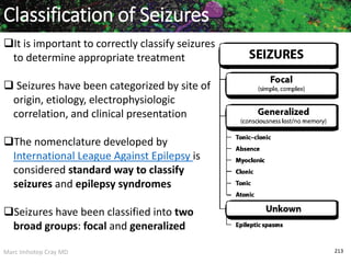 Marc Imhotep Cray MD 213
Classification of Seizures
It is important to correctly classify seizures
to determine appropriate treatment
 Seizures have been categorized by site of
origin, etiology, electrophysiologic
correlation, and clinical presentation
The nomenclature developed by
International League Against Epilepsy is
considered standard way to classify
seizures and epilepsy syndromes
Seizures have been classified into two
broad groups: focal and generalized
 
