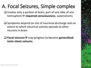 Marc Imhotep Cray MD
A. Focal Seizures, Simple complex
215
 Involve only a portion of brain, part of one lobe of one
hemisphere impaired consciousness, automatisms
 Symptoms depend on site of neuronal discharge and on
extent to which electrical activity spreads to other
neurons in brain
 Focal seizures may progress to become generalized
tonic-clonic seizures
 