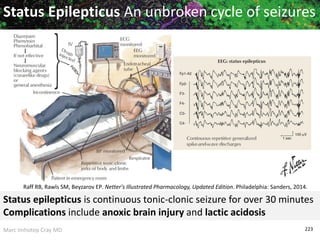 Marc Imhotep Cray MD 223
Status Epilepticus An unbroken cycle of seizures
Raff RB, Rawls SM, Beyzarov EP. Netter's Illustrated Pharmacology, Updated Edition. Philadelphia: Sanders, 2014.
Status epilepticus is continuous tonic-clonic seizure for over 30 minutes
Complications include anoxic brain injury and lactic acidosis
 