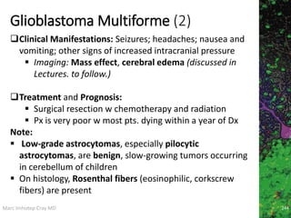 Marc Imhotep Cray MD
Glioblastoma Multiforme (2)
244
Clinical Manifestations: Seizures; headaches; nausea and
vomiting; other signs of increased intracranial pressure
 Imaging: Mass effect, cerebral edema (discussed in
Lectures. to follow.)
Treatment and Prognosis:
 Surgical resection w chemotherapy and radiation
 Px is very poor w most pts. dying within a year of Dx
Note:
 Low-grade astrocytomas, especially pilocytic
astrocytomas, are benign, slow-growing tumors occurring
in cerebellum of children
 On histology, Rosenthal fibers (eosinophilic, corkscrew
fibers) are present
 