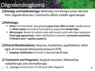 Marc Imhotep Cray MD 255
Oligodendroglioma
Etiology and Epidemiology: Relatively rare benign tumor derived
from oligodendrocytes; Commonly affects middle-aged people
Pathology:
 Gross: Circumscribed, slow-growing gray mass often w cysts; usually occurs
in white matter of cerebral hemispheres (especially frontal lobe)
 Microscopic: Sheets of uniform cells with round nuclei with clear cytoplasm
(fried egg appearance); often calcification is present; increased vascularity
(“Chicken-wire” capillary pattern)
Clinical Manifestations: Seizures; headaches; papilledema; other
signs of increased intracranial pressure (ICP)
 Imaging: Calcification of tumor is detected on CT scan
 Treatment and Prognosis: Surgical resection, followed by
radiotherapy and chemotherapy
 Average survival time is 5–10 years after diagnosis
 