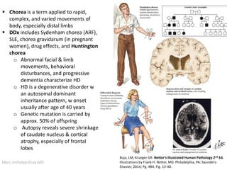 Marc Imhotep Cray MD 89
Buja, LM; Krueger GR. Netter’s Illustrated Human Pathology 2nd Ed.
Illustrations by Frank H. Netter, MD. Philadelphia, PA: Saunders-
Elsevier, 2014; Pg. 484, Fig. 13-40.
 Chorea is a term applied to rapid,
complex, and varied movements of
body, especially distal limbs
 DDx includes Sydenham chorea (ARF),
SLE, chorea gravidarum (in pregnant
women), drug effects, and Huntington
chorea
o Abnormal facial & limb
movements, behavioral
disturbances, and progressive
dementia characterize HD
o HD is a degenerative disorder w
an autosomal dominant
inheritance pattern, w onset
usually after age of 40 years
o Genetic mutation is carried by
approx. 50% of offspring
o Autopsy reveals severe shrinkage
of caudate nucleus & cortical
atrophy, especially of frontal
lobes
 