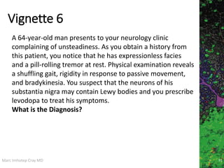 Marc Imhotep Cray MD
Vignette 6
91
A 64-year-old man presents to your neurology clinic
complaining of unsteadiness. As you obtain a history from
this patient, you notice that he has expressionless facies
and a pill-rolling tremor at rest. Physical examination reveals
a shuffling gait, rigidity in response to passive movement,
and bradykinesia. You suspect that the neurons of his
substantia nigra may contain Lewy bodies and you prescribe
levodopa to treat his symptoms.
What is the Diagnosis?
 