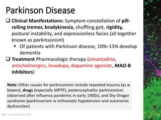 Marc Imhotep Cray MD
Parkinson Disease
94
 Clinical Manifestations: Symptom constellation of pill-
rolling tremor, bradykinesia, shuffling gait, rigidity,
postural instability, and expressionless facies (all together
known as parkinsonism)
 Of patients with Parkinson disease, 10%–15% develop
dementia
 Treatment Pharmacologic therapy (amantadine,
anticholinergics, levodopa, dopamine agonists, MAO-B
inhibitors)
Note: Other causes for parkinsonism include repeated trauma (as w
boxers), drugs (especially MPTP), postencephalitic parkinsonism
(observed after influenza pandemic in early 1900s), and Shy-Drager
syndrome (parkinsonism w orthostatic hypotension and autonomic
dysfunction)
 