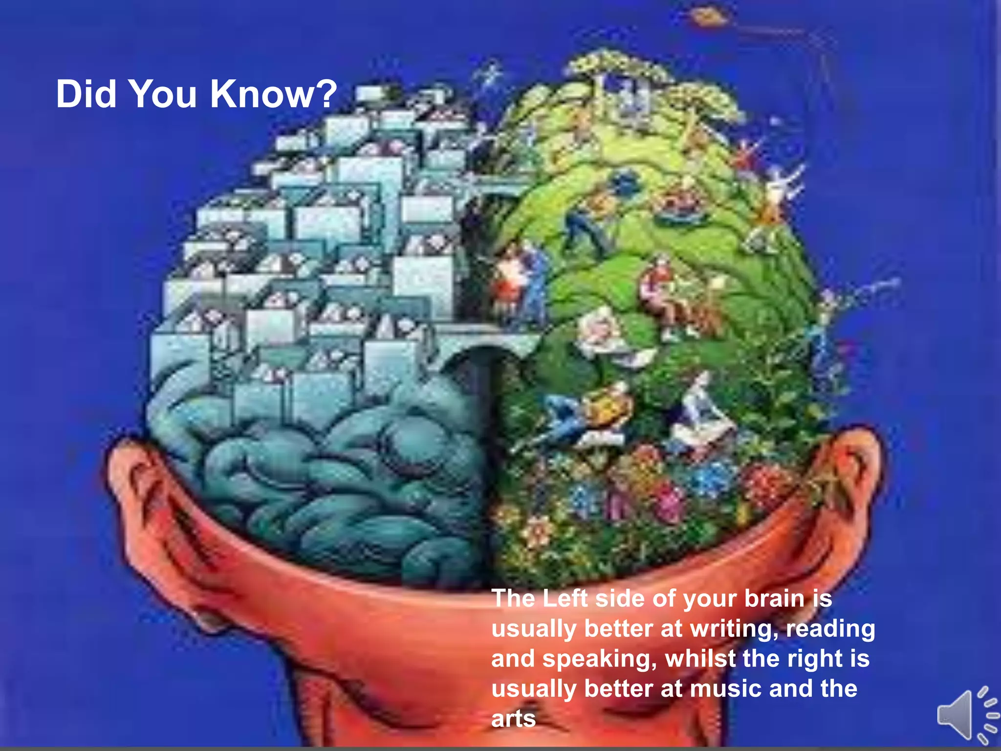 Did You Know?
The Left side of your brain is
usually better at writing, reading
and speaking, whilst the right is
usually better at music and the
arts
 