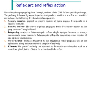 Reflex arc and reflex action
Nerve impulses propagating into, through, and out of the CNS follow specific pathways.
The pathway followed by nerve impulses that produce a reflex is a reflex arc. A reflex
arc includes the following five functional components.
1. Sensory receptor- present in sensory neurons of sense organs, It responds to a
specific stimulus.
2. Sensory neuron- The nerve impulses propagate from the sensory neuron to the
gray matter of the spinal cord.
3. Integrating center- a. Monosynaptic reflex- single synapse between a sensory
neuron and a motor neuron. b. Polysynaptic reflex- the integrating center consists of
one or more interneurons.
4. Motor neuron- Impulses triggered by the integrating center propagate out of the
spinal cord along a motor neuron to the part of the body
5. Effector- The part of the body that responds to the motor nerve impulse, such as a
muscle or gland, is the effector. Its action is called a reflex.
 