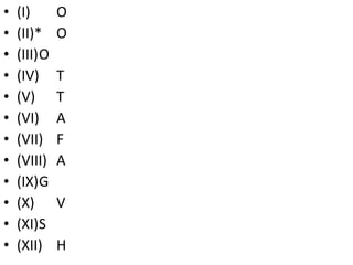(I)  O (II)* O (III) O (IV) T (V) T (VI) A (VII) F (VIII)  A (IX) G (X) V (XI) S (XII) H 