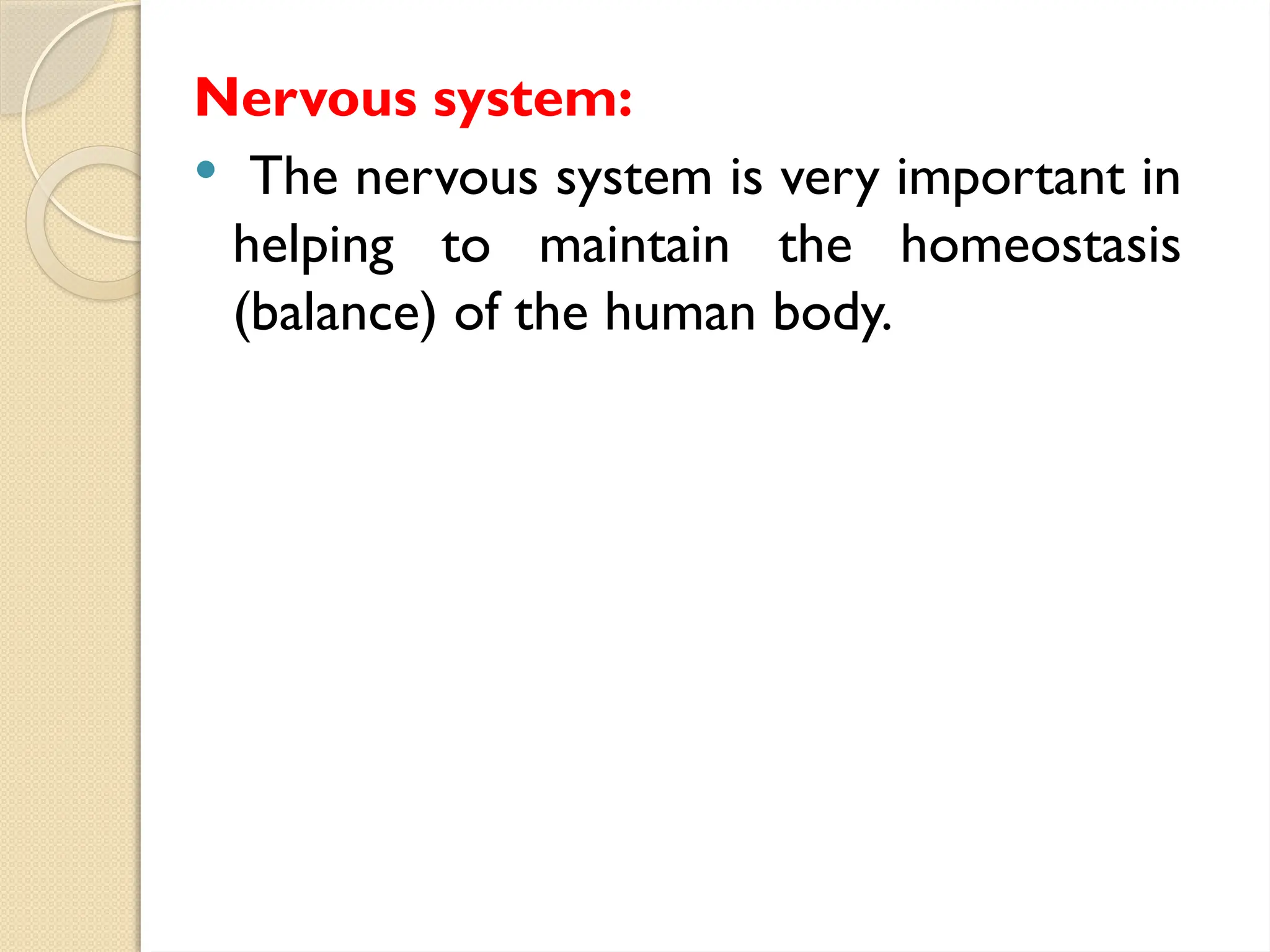 Nervous system:
 The nervous system is very important in
helping to maintain the homeostasis
(balance) of the human body.
 