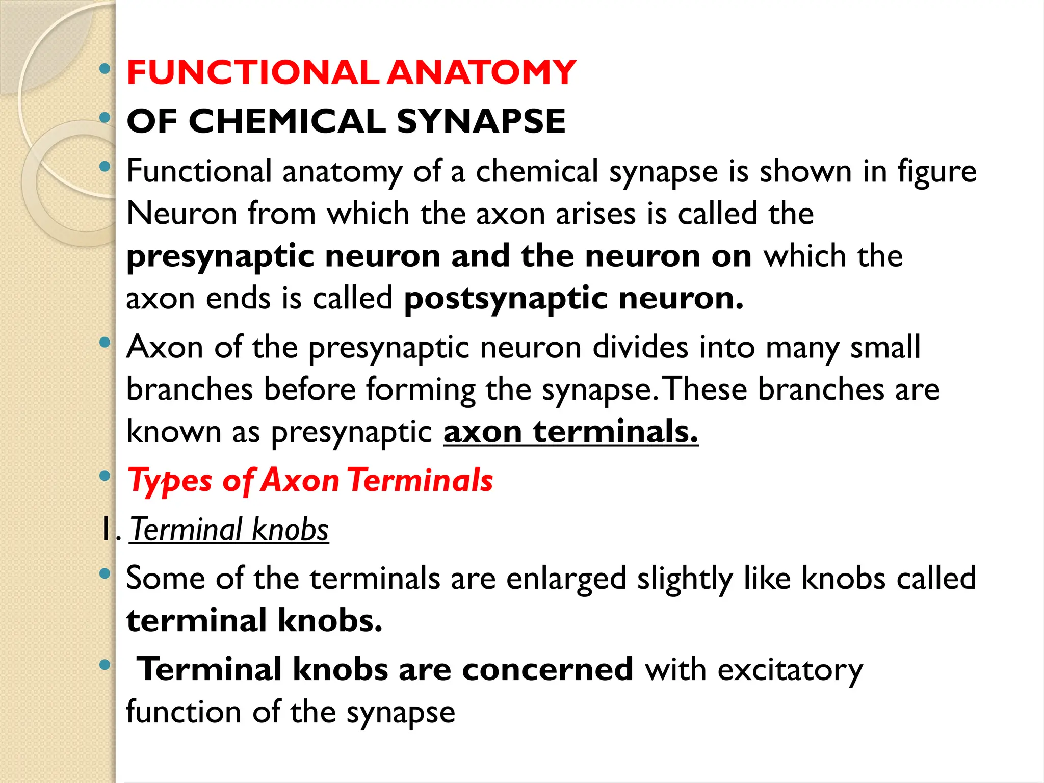  FUNCTIONAL ANATOMY
 OF CHEMICAL SYNAPSE
 Functional anatomy of a chemical synapse is shown in figure
Neuron from which the axon arises is called the
presynaptic neuron and the neuron on which the
axon ends is called postsynaptic neuron.
 Axon of the presynaptic neuron divides into many small
branches before forming the synapse.These branches are
known as presynaptic axon terminals.
 Types of AxonTerminals
1. Terminal knobs
 Some of the terminals are enlarged slightly like knobs called
terminal knobs.
 Terminal knobs are concerned with excitatory
function of the synapse
 