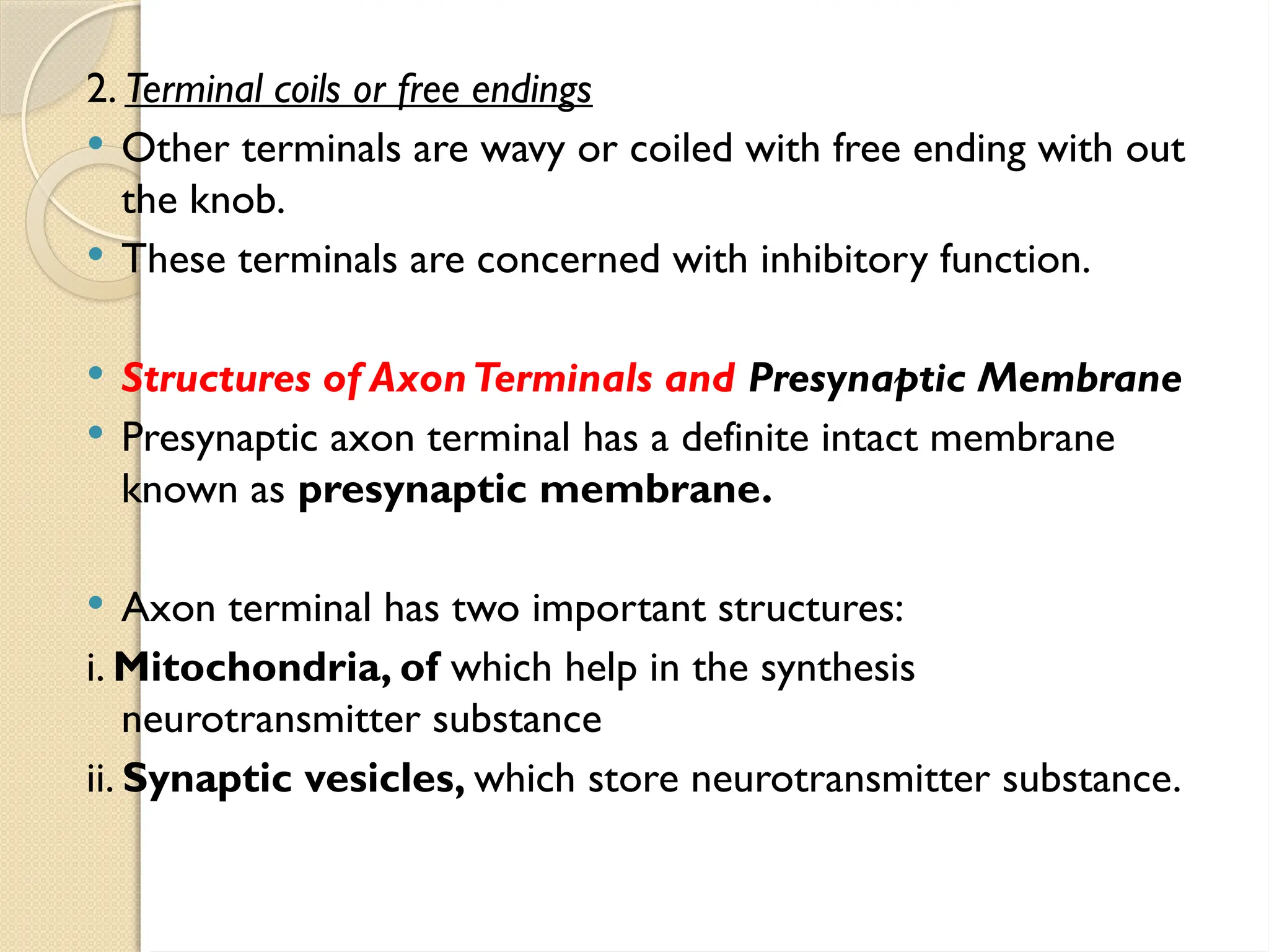 2. Terminal coils or free endings
 Other terminals are wavy or coiled with free ending with out
the knob.
 These terminals are concerned with inhibitory function.
 Structures of AxonTerminals and Presynaptic Membrane
 Presynaptic axon terminal has a definite intact membrane
known as presynaptic membrane.
 Axon terminal has two important structures:
i. Mitochondria, of which help in the synthesis
neurotransmitter substance
ii. Synaptic vesicles, which store neurotransmitter substance.
 