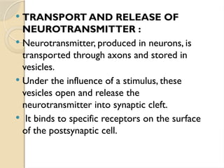  TRANSPORT AND RELEASE OF
NEUROTRANSMITTER :
 Neurotransmitter, produced in neurons, is
transported through axons and stored in
vesicles.
 Under the influence of a stimulus, these
vesicles open and release the
neurotransmitter into synaptic cleft.
 It binds to specific receptors on the surface
of the postsynaptic cell.
 