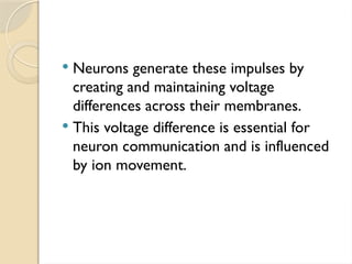  Neurons generate these impulses by
creating and maintaining voltage
differences across their membranes.
 This voltage difference is essential for
neuron communication and is influenced
by ion movement.
 