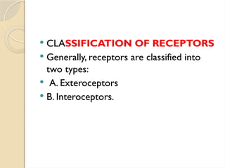  CLASSIFICATION OF RECEPTORS
 Generally, receptors are classified into
two types:
 A. Exteroceptors
 B. Interoceptors.
 