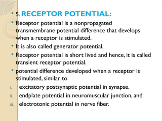  5. RECEPTOR POTENTIAL:
 Receptor potential is a non­
propagated
transmembrane potential difference that develops
when a receptor is stimulated.
 It is also called generator potential.
 Receptor potential is short lived and hence, it is called
transient receptor potential.
 potential difference developed when a receptor is
stimulated, similar to
i. excitatory postsynaptic potential in synapse,
ii. endplate potential in neuromuscular junction, and
iii. electrotonic potential in nerve fiber.
 